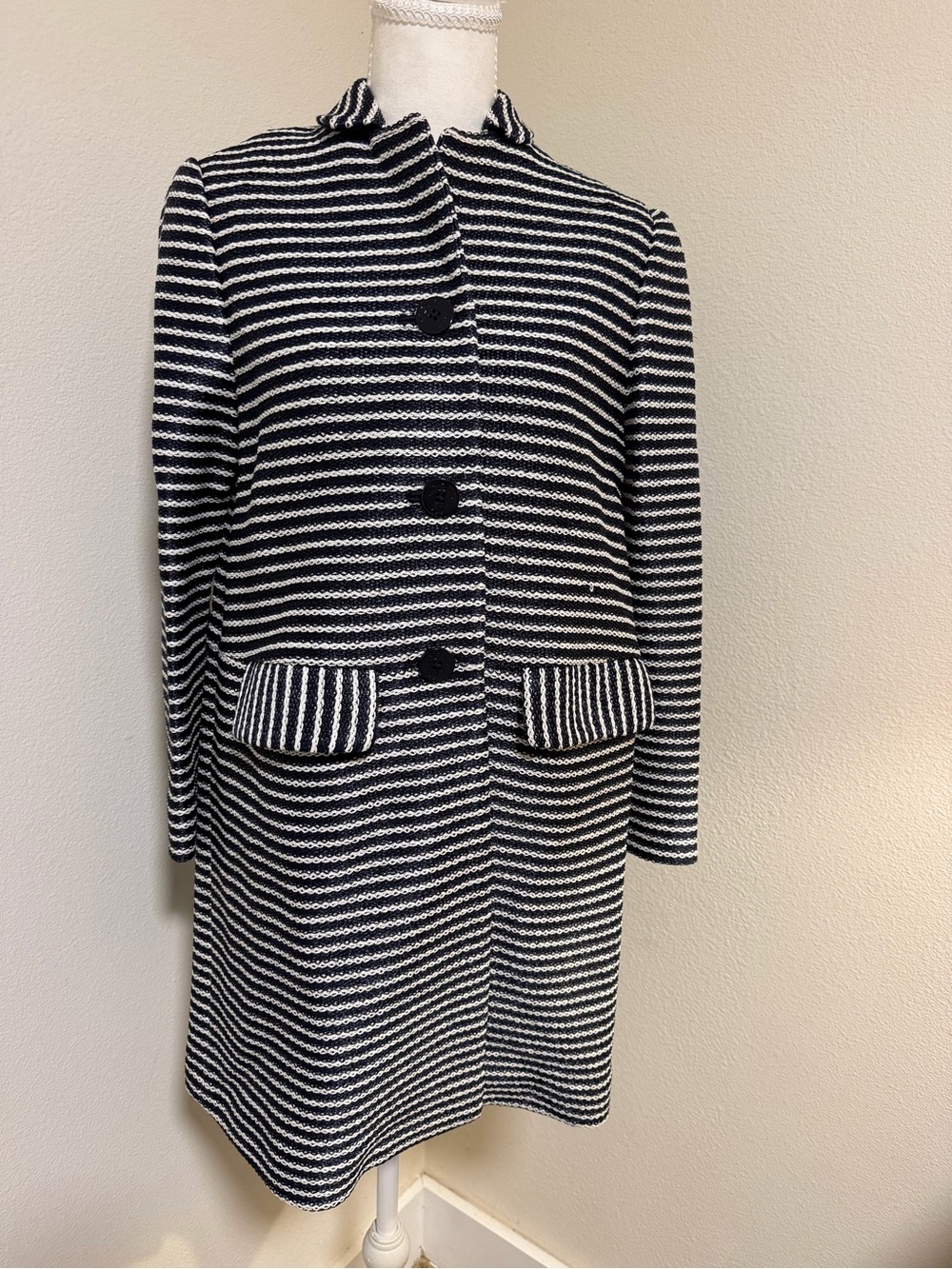 Tory Burch Navy & White Striped Button Pea Coat Eliana Raffia Pockets Dsigner